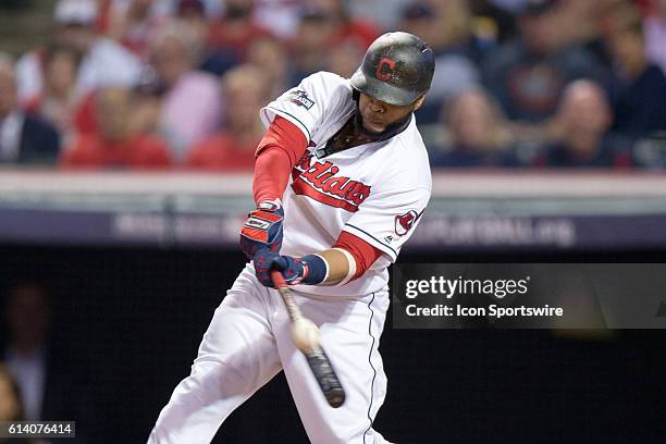 Cleveland Indians Designated hitter Carlos Santana [7519] flies out to left field during the fifth inning of the American League Divisional Series...