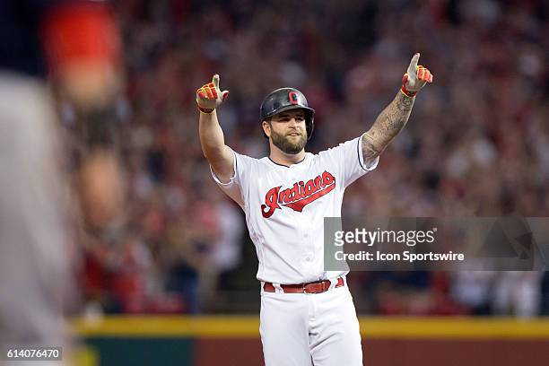 Cleveland Indians First base Mike Napoli [6085] celebrates after hitting a ground rule double during the fifth inning of the American League...