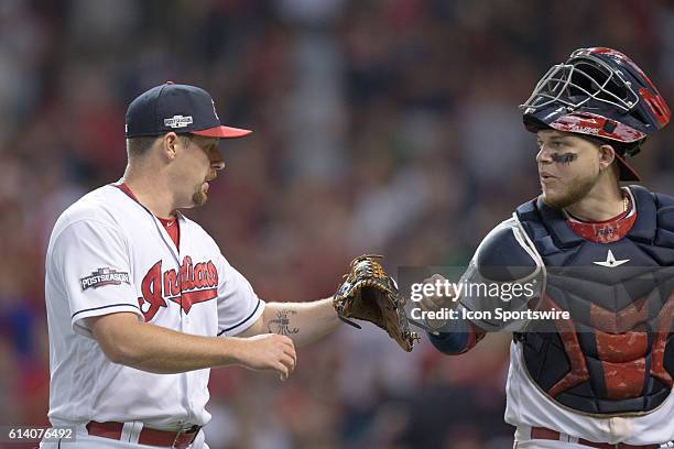 Cleveland Indians Pitcher Bryan Shaw [1264] is congratulated by Cleveland Indians Catcher Roberto Perez [10535] after getting the final out of the...