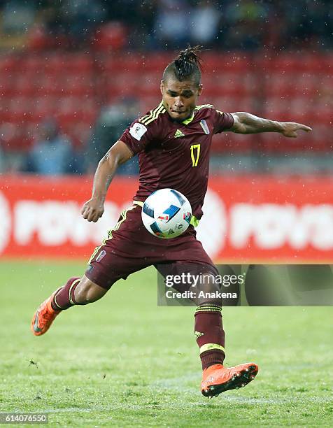 Josef Martinez of Venezuela takes a shot during a match between Venezuela and Brazil as part of FIFA 2018 World Cup Qualifiers at Metropolitano...
