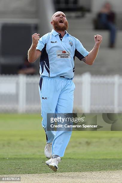 Doug Bollinger of the Blues celebrates dismissing Jake Weatherald of the Redbacks during the Matador BBQs One Day match between South Australia and...