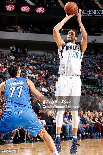 Hammons of the Dallas Mavericks shoots the ball against the Oklahoma City Thunder on October 11, 2016 at the American Airlines Center in Dallas,...