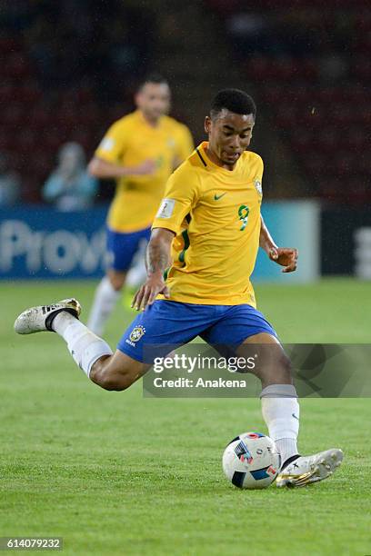 Gabriel Jesus of Brazil plays the ball during a match between Venezuela and Brazil as part of FIFA 2018 World Cup Qualifiers at Metropolitano Stadium...