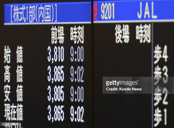 Japan - Photo shows a signboard in Tokyo showing Japan Airlines Co. Fetching 3,810 yen at the opening on Sept. 19 up 20 yen from the firm's offering...