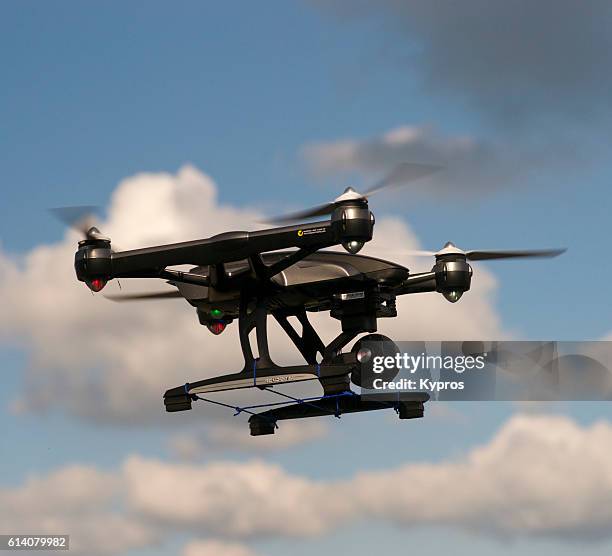 europe, germany, bavaria, view of drone (or drohne) helicopter with camera - ferngesteuert stock pictures, royalty-free photos & images