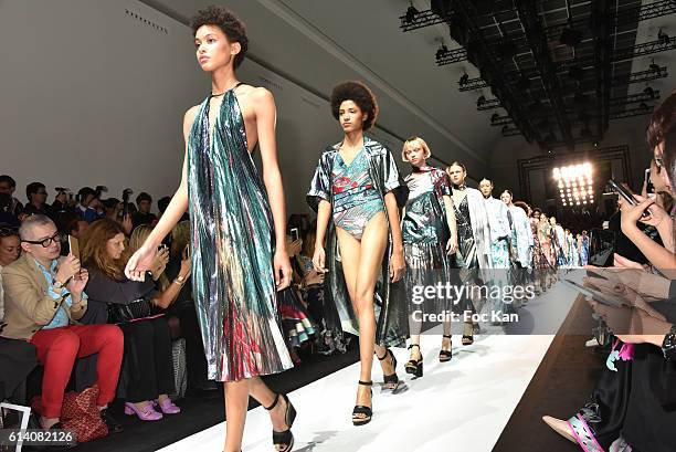 Models walk the Runway during the Leonard Paris show as part of the Paris Fashion Week Womenswear Spring/Summer 2017 on October 3, 2016 in Paris,...