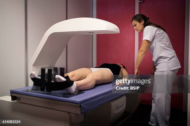 Radiology service in a hospital in Haute-Savoie, France. Bone densitometry examination.