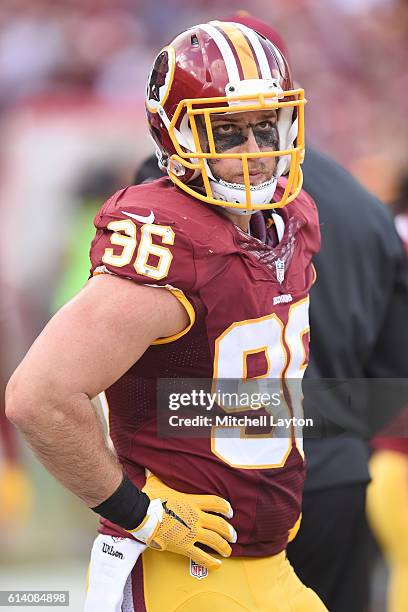 Houston Bates of the Washington Redskins looks on during a football game against the Cleveland Browns at FedEx Field on October 2, 2016 in Landover,...