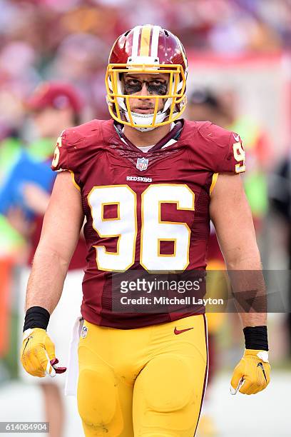 Houston Bates of the Washington Redskins looks on during a football game against the Cleveland Browns at FedEx Field on October 2, 2016 in Landover,...