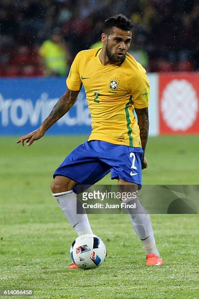 Dani Alves of Brazil controls the ball during a match between Venezuela and Brazil as part of FIFA 2018 World Cup Qualifiers at Metropolitano Stadium...
