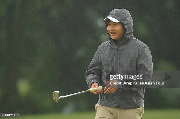 Poom Saksansin of Thailand plays a shot during the Pro-Am for the 2016 Venetian Macao Open at Macau Golf and Country Club on October 12, 2016 in...