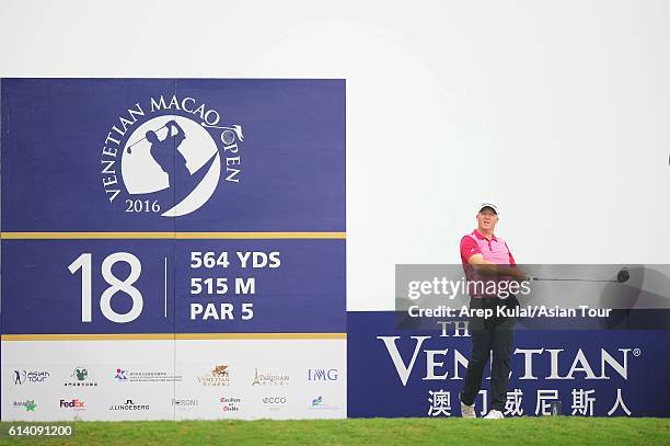 Marcus Fraser of Australia plays a shot during the Pro-Am for the 2016 Venetian Macao Open at Macau Golf and Country Club on October 12, 2016 in...