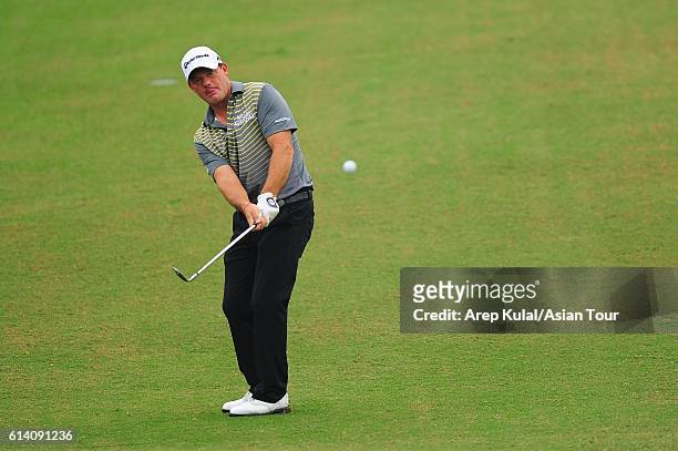 Alex Cejka of Germany plays a shot during the Pro-Am for the 2016 Venetian Macao Open at Macau Golf and Country Club on October 12, 2016 in Macau,...