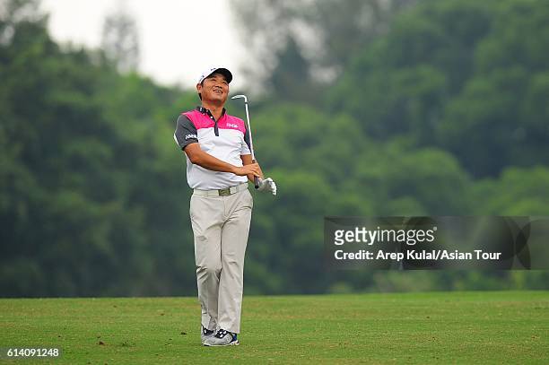 Danny Chia of Malaysia plays a shot during the Pro-Am for the 2016 Venetian Macao Open at Macau Golf and Country Club on October 12, 2016 in Macau,...