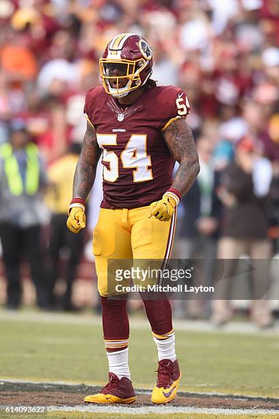 Mason Foster of the Washington Redskins looks on during a football game against the Cleveland Browns at FedEx Field on October 2, 2016 in Landover,...