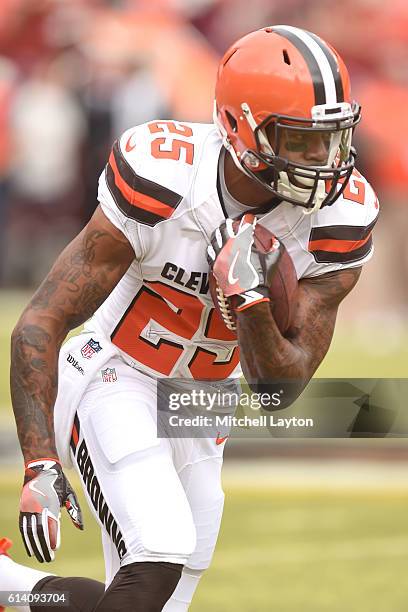 George Atkinson of the Cleveland Browns warms up before a football game against the Washington Redskins at FedEx Field on October 2, 2016 in...