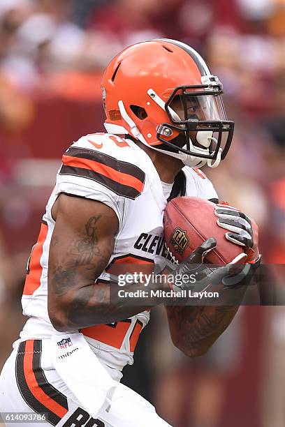 George Atkinson of the Cleveland Browns runs with the ball during a football game against the Washington Redskins at FedEx Field on October 2, 2016...