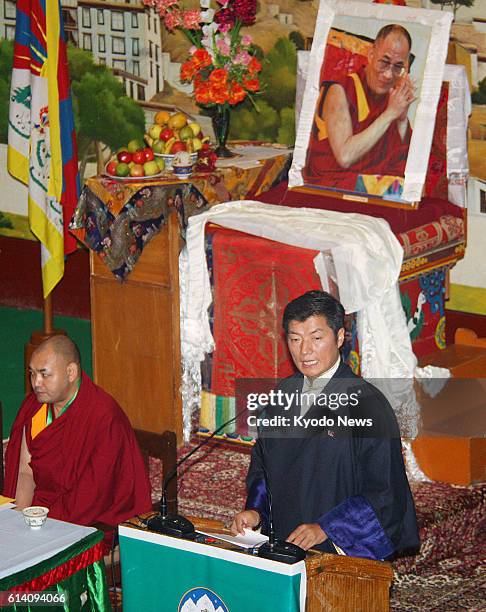 India - Tibetan government-in-exile Prime Minister Lobsang Sangay speaks as Tibetans in exile opened a special general meeting in Dharamsala,...