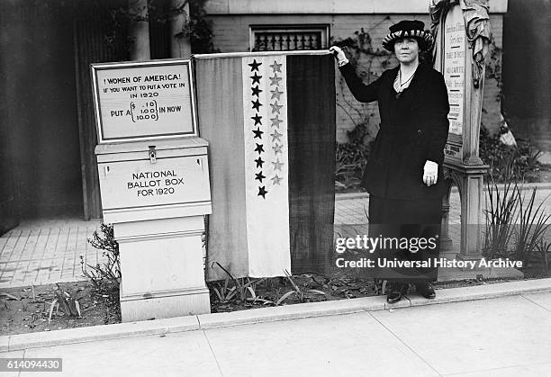 Suffragette Protesting, "Women of America! If you want to put a vote in in 1920 put a in Now, National Ballot Box for 1920", USA, circa 1920.
