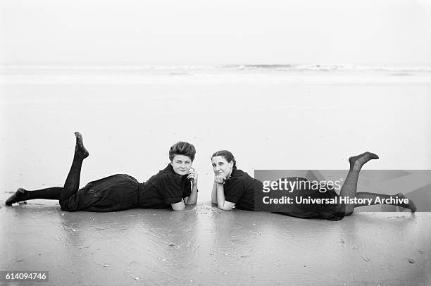 Two Women Posing on Ocean Beach, Atlantic City, New Jersey, USA, circa 1900.