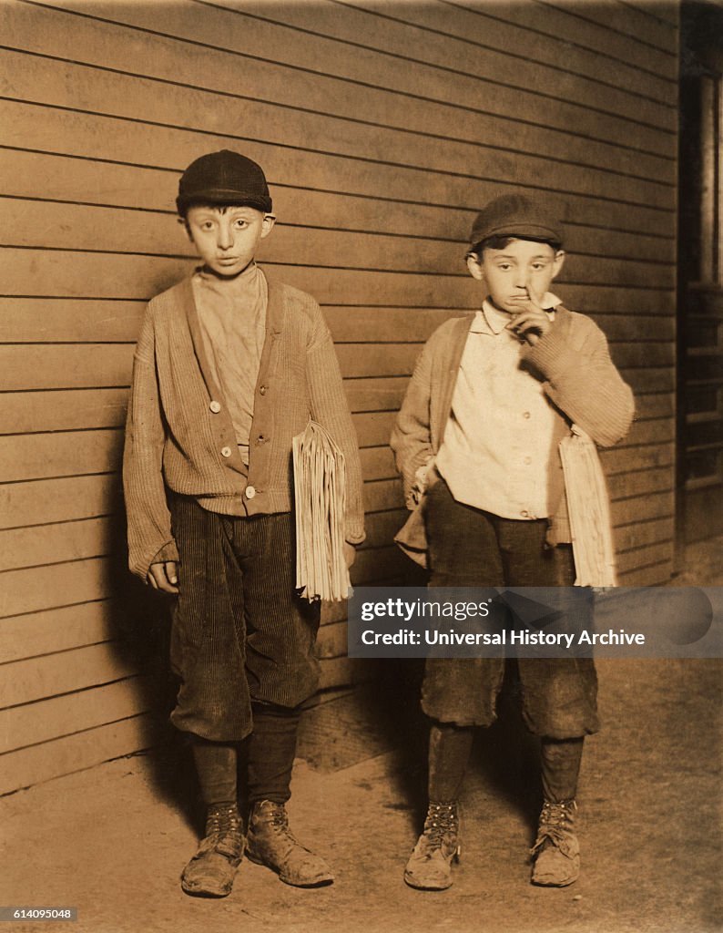 Portrait of Two Brothers, Harry Becker, 12 years, Max Becker, 9 years, Selling Newspapers until 9pm, Lawrence, Massachusetts, USA, circa 1910