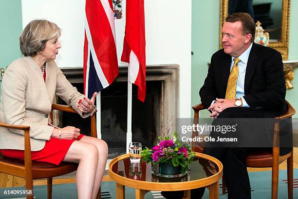 British Prime Minister Theresa May meets with Danish PM Lars Loekke Rasmussen at his official residence, Marienborg, October 10, 2016 in Kongens...