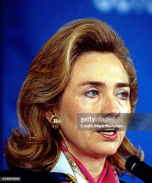 Close-up of US First Lady Hillary Clinton at the National Press Club during a press conference about the Children's Health Index at the kickoff of...