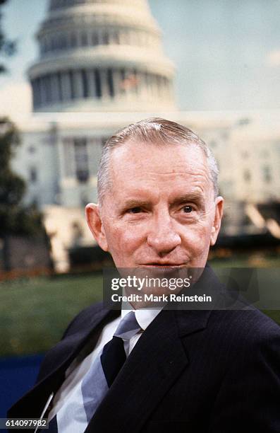 View of American businessman and US Presidential candidate Ross Perot on the set of the CBS-TV Sunday morning talk show 'Face the Nation,' Washington...