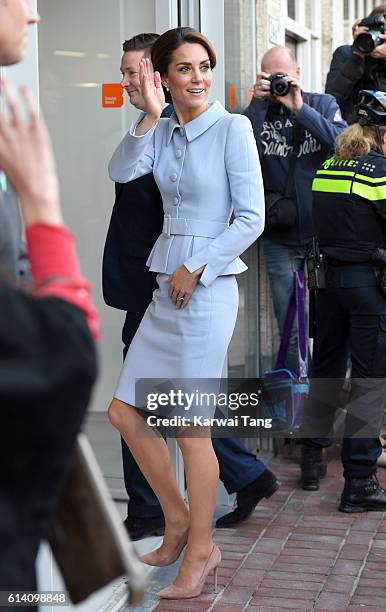 Catherine, Duchess of Cambridge visits Bouwkeet, the social Makerspace of Bospolder-Tussendijken on October 11, 2016 in Rotterdam, Netherlands.