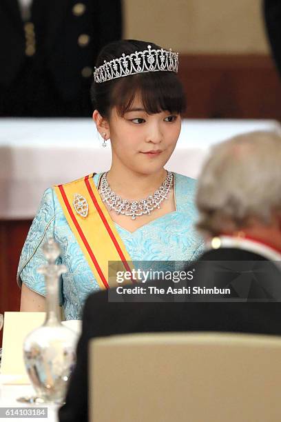 Princess Mako of Akishino attends the state dinner in honour of King Philippe and Queen Mathilde of Belgium at the Imperial Palace on October 11,...