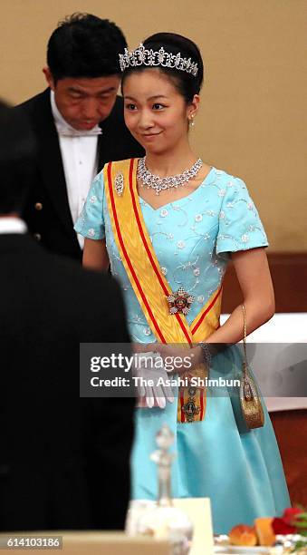 Princess Kako of Akishino attends the state dinner in honour of King Philippe and Queen Mathilde of Belgium at the Imperial Palace on October 11,...