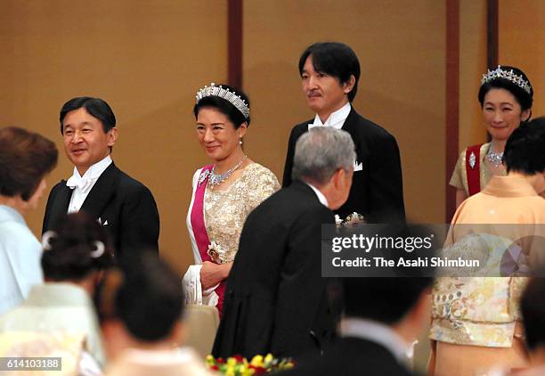 Crown Prince Naruhito, Crown Princess Masako, Prince Akishino and Princess Kiko of Akishino attend the state dinner in honour of King Philippe and...