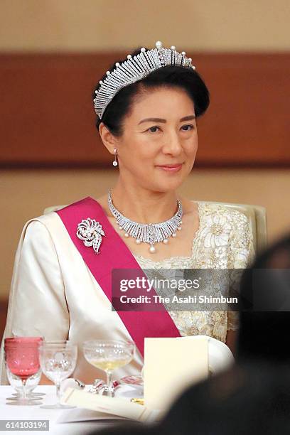 Crown Princess Masako attends the state dinner in honour of King Philippe and Queen Mathilde of Belgium at the Imperial Palace on October 11, 2016 in...