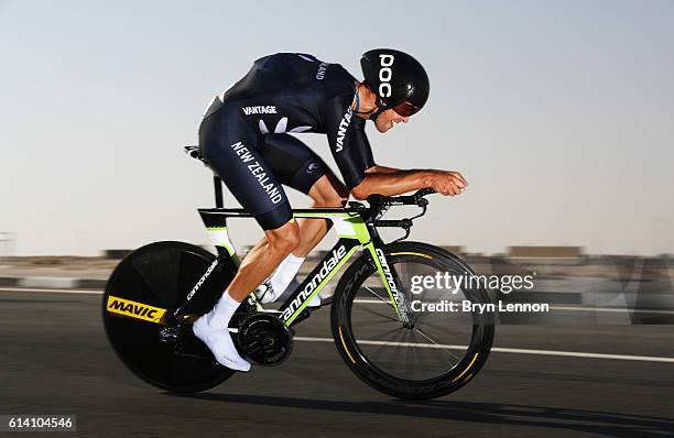 Jack Bauer of New Zealand rides during the Men's Elite Individual Time Trial on Day Four of the UCI Road World Championships at Lusail Sports Complex...