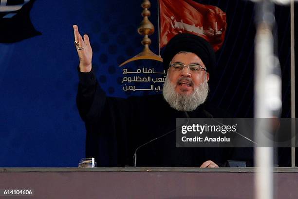 Secretary-General of Hezbollah, Hassan Nasrallah delivers a speech during the mourning procession marking the day of Ashura in Beirut's Dahieh...