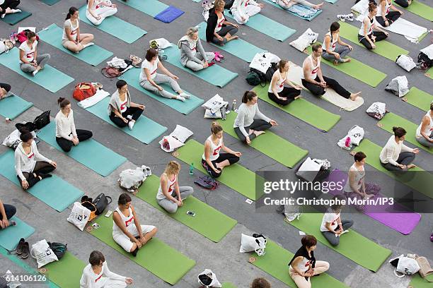 General view of participants at a large yoga gathering hosted by a group of volunteer teachers in support of 'Mecenat Chirurgie cardiaque', a cardiac...