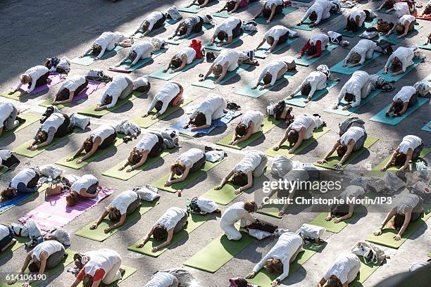 General view of participants at a large yoga gathering hosted by a group of volunteer teachers in support of 'Mecenat Chirurgie cardiaque', a cardiac...