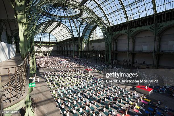 General view of participants at a large yoga gathering hosted by a group of volunteer teachers in support of 'Mecenat Chirurgie cardiaque', a cardiac...