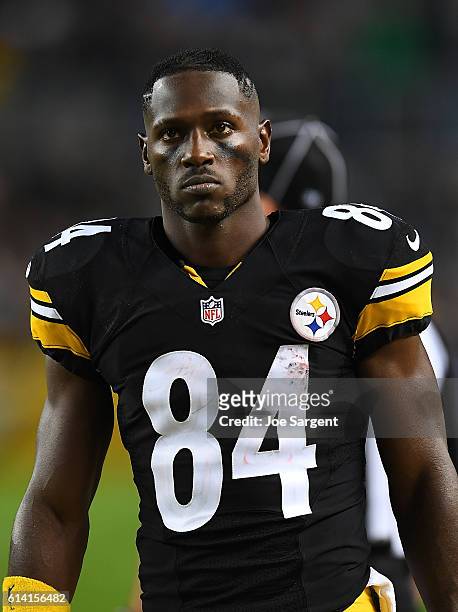 Antonio Brown of the Pittsburgh Steelers looks on during the game against the Kansas City Chiefs at Heinz Field on October 2, 2016 in Pittsburgh,...