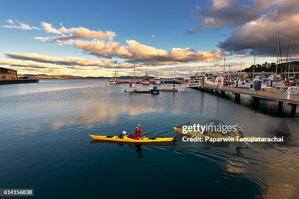 cayaking in a view of the hobart waterfront, southern tasmania. - kayaking australia stock pictures, royalty-free photos & images