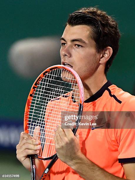 Taylor Fritz of United States reacts in the Men's Singles Second Round match against Roberto Bautista Agut of Spain during Day 4 of the ATP Shanghai...