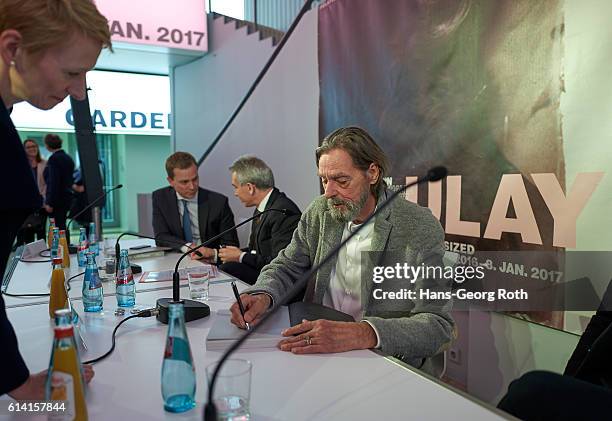 Director of Schirn Museum, Phillip Demandt, Mayor of Frankfurt am Main, Peter Feldmann and artist Ulay are seen during a press conference for the...