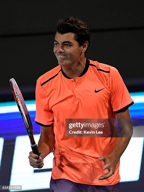 Taylor Fritz of United States reacts in the Men's Singles Second Round match against Roberto Bautista Agut of Spain during Day 4 of the ATP Shanghai...