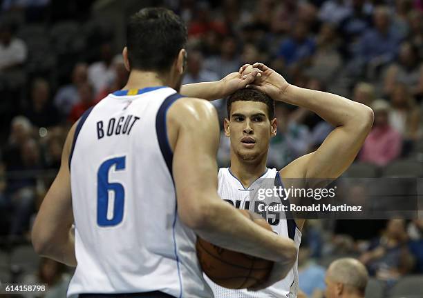 Dwight Powell of the Dallas Mavericks during a preseason game at American Airlines Center on October 11, 2016 in Dallas, Texas.