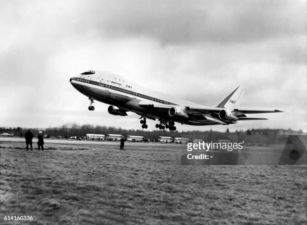 The first Boeing 747 jumbo jet, christened the City of Everett and largest transport plane in the world, departs on its first flight on February 09,...