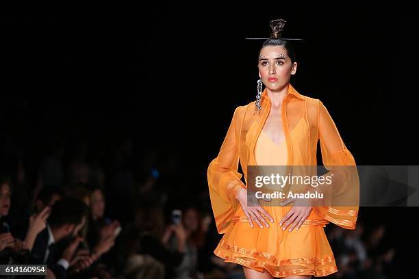 Model walks on the stage as she presents the designer Selma State's collection during the Mercedes-Benz Fashion Week Spring/Summer 2017 at the Zorlu...