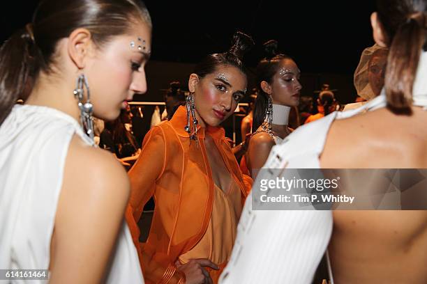 Model backstage ahead of the Selma State show during Mercedes-Benz Fashion Week Istanbul at Zorlu Center on October 12, 2016 in Istanbul, Turkey.