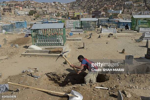 An Afghan man digs a grave for a victim in Kabul on October 12 who was killed in an attack by gunmen inside the Karte Sakhi shrine late on October...