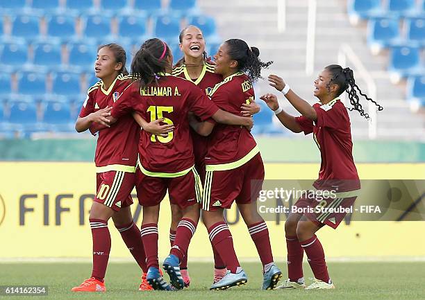 Deyna Castellanos of Venezuela celebrates her team's first goal with team mates during the FIFA U-17 Women's World Cup Quarter Final match between...