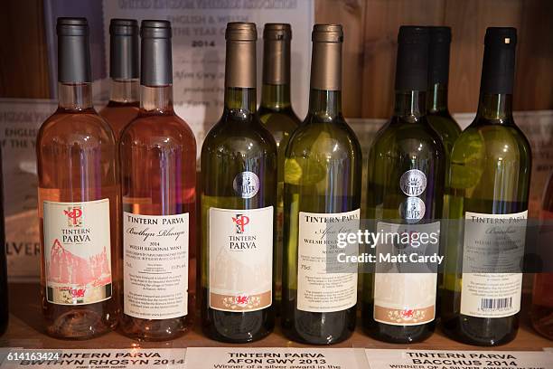 Bottles of wine produced with grapes from the Parva Farm Vineyard are displayed in the farm shop in Tintern, on October 12, 2016 near Chepstow,...